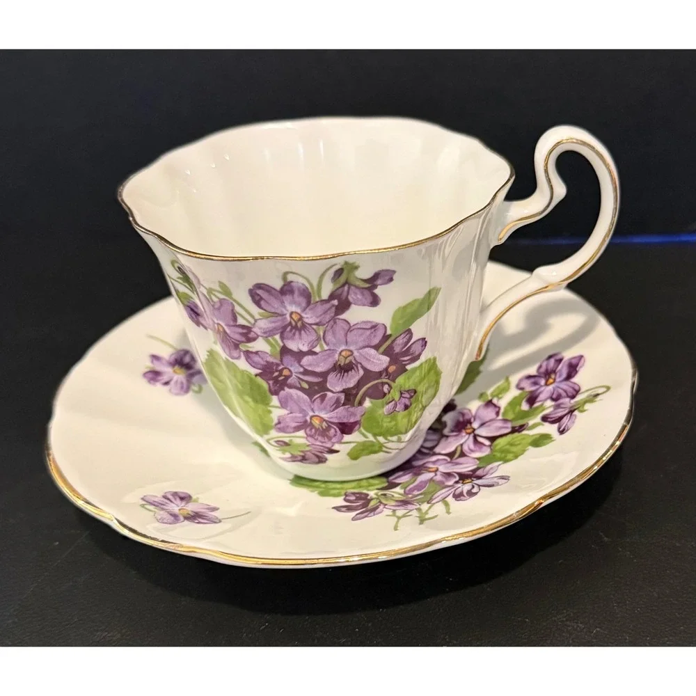 Adderley Teacup Saucer Set White Purple Violets Gold Trim Fine Bone China